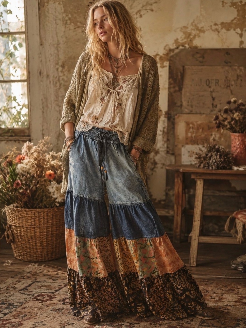 Young Threads Patchwork Wide Leg Pants NWT Size M